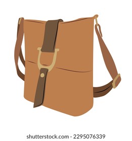 Modern fashion women bag. Leather female brown shoulder bag, crossbody bag. Fashionable handmade accessory. Hand drawn trendy Vector illustration isolated on white background