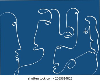Modern fashionable art with
continuous line drawing of faces.  Minimalist concept design for home decor, t-shirt and clothes print. Vector illustration. 