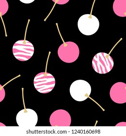 Modern, fashionable, cherries seamless pattern. Pink and white luxury cherries on black background.