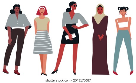Modern and fashionable clothes for females of different nations and ages. Isolated ladies wearing dresses and jeans with top, hijab and blouse or skirt. Fashionable models. Vector in flat style