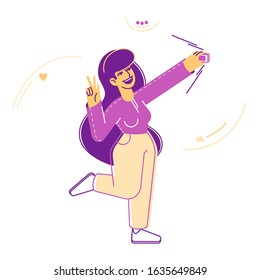 Modern Fashionable Girl Teenager Making Selfie on Smartphone. Young Woman Character Posing and Photographing on Mobile Phone Camera Showing Victory Gesture. Cartoon Flat Vector Illustration, Line Art