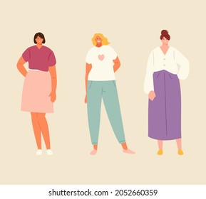 Modern fashionable girls in casual clothes. Millennials, students, young people. Vector illustration set