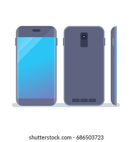 Modern fashionable grey smartphone device with an empty blue screen. Template for advertising mobile phones and applications. Flat vector cartoon illustration. Objects isolated on a white background.