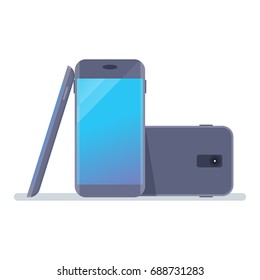 Modern fashionable grey smartphone device with an empty blue screen. Template for advertising mobile phones and applications. Flat vector cartoon illustration. Objects isolated on a white background.