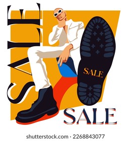 A modern fashionable guy in big boots with a raised sole. Perspective. Discount, Black Friday or seasonal sale, promotion. A bright, modern advertising banner with a fashionable sale of stylish thing