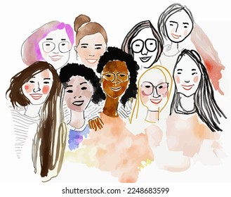 A modern, fashionable and joyful illustration showing a team of urban and multi-ethnic women, showing an infectious joie de vivre.