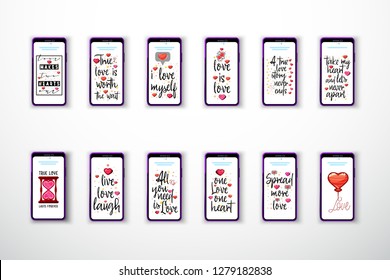 Modern fashionable love slogans on the background of a smartphone.