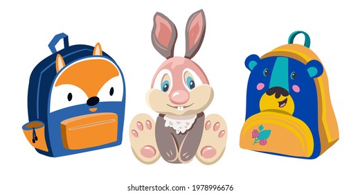 Modern fashionable school backpacks in the form of animals of forest, fox, bear, hare between the backpacks. Concept about childhood, from kindergarten to school. Vector illustration.