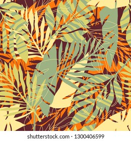 Modern, fashionable, seamless pattern of abstract exotic jungle leaves.