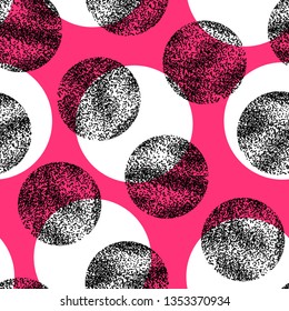 Modern, fashionable seamless pattern of abstract textured circles on bright pink background.
