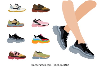 Modern fashionable sneakers and legs in shoes on a white background. Vector hand drawn illustration. All objects are grouped and isolated. EPS10