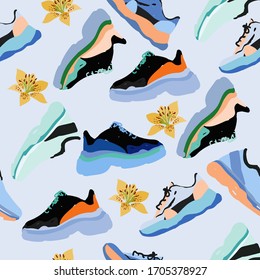 Modern fashionable sneakers on a light blue background surrounded by flowers. Seamless pattern. Vector hand drawn illustration. EPS10