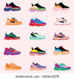 Modern fashionable sneakers on a pink background seamless pattern. Vector hand drawn illustration. All objects are grouped and isolated. EPS10