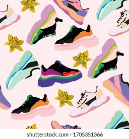 Modern fashionable sneakers on a pink cream beige background surrounded by flowers. Seamless pattern. Vector hand drawn illustration. EPS10