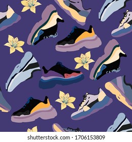 Modern fashionable sneakers on a purple violet background surrounded by flowers. Seamless pattern. Vector hand drawn illustration. EPS10