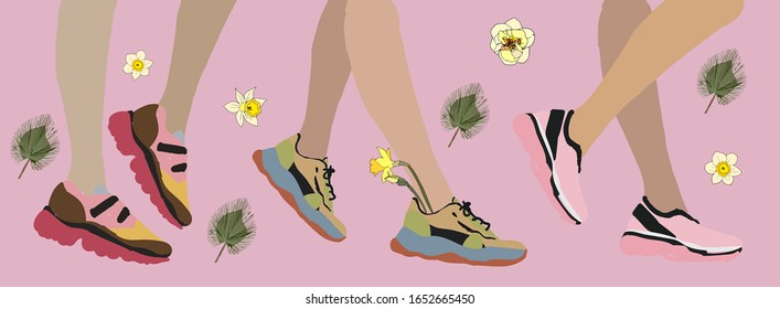 Modern fashionable sneakers on tan legs on a pink color background. Vector hand drawn illustration. EPS10