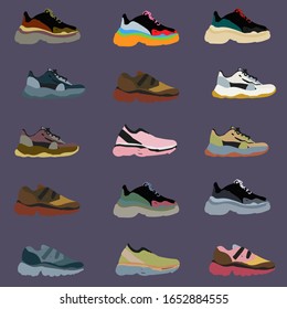 Modern fashionable sneakers on a violet background seamless pattern. Vector hand drawn illustration. All objects are grouped and isolated. EPS10