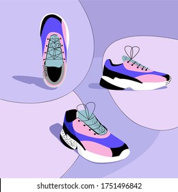 Modernas zapatillas de moda en un fondo violeta, vista frontal, lateral y superior. Ilustración dibujada a mano por vectores. 