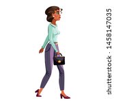 Modern fashionable woman walks with bag in hand cartoon vector illustration. Female character in modern urban style clothing, human person isolated on white background