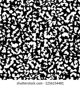 Modern fasionable speckled seamless pattern, texture, background. White shapes on black background. 
