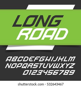 Modern fast alphabet lettering. Dynamic trendy race italic typeface. Vector font. Great font for headlines, labels, quotes, titles, posters or logotypes. Capital letters and numbers.