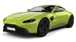 Modern Fast Car Green Style 3d Realistic Silver Style Art DBS Vanquish Vantage Coupe Yellow  Design Racing Graphic Isolated White Background
