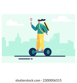 Modern fast delivery. Courier girl is in hurry to deliver order to address. Carrier with cargo on gyroboard. Delivery around city. Color vector image in flat style