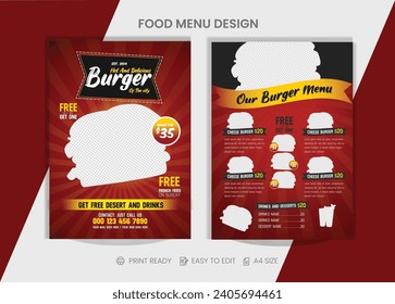 Modern fast food burger dobble page flyer and restaurant food menu vector red color template for burger promotional ads or online start-up food and drinks delivery shop.