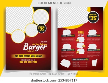 Flyer de página doble de hamburguesa de comida rápida moderna y menú de comida de restaurante Plantilla de color rojo de Vector para anuncios promocionales de hamburguesas o tienda de entrega de alimentos y bebidas en línea.