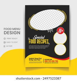 Modern fast food, burger, pizza, hot dog dobble page flyer and restaurant food flyer vector red color template for burger promotional ads or online start-up food and drinks delivery shop.