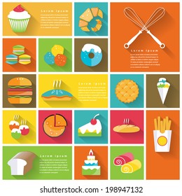 Modern fast food colorful  flat icons with long shadow .Vector Design