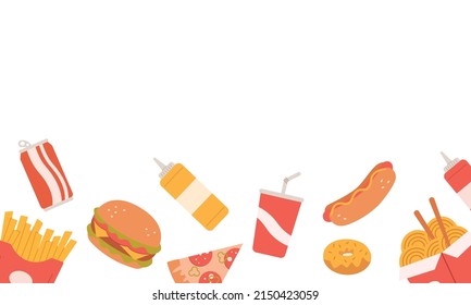 Modern Fast food frame for menu design.Fries,burger,soda,beverage,
hotdog, noodles, donut,ketchup, pizza and mustard.Colored vector flat illustration.