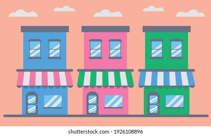Modern fast food restaurant and shop building, shop facade, boutique with iconic flat look. Market and restaurant exterior, illustration of roadside shop building exterior.