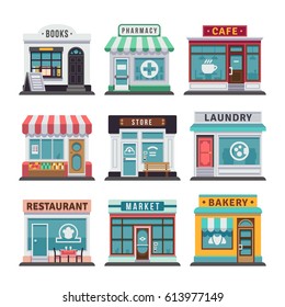 Modern Fast Food Restaurant And Shop Buildings, Store Facades, Boutiques With Showcase Flat Icons. Exterior Market And Restaurant, Illustration Of Exterior Facade Store Building