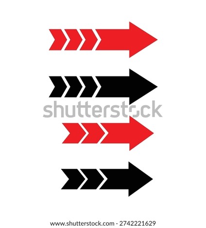 Modern fast forward arrow set vector featuring bold red and black directional arrows with dynamic chevron elements. This clean and minimal arrow collection represents speed, progress, movement, navigation, growth, and forward direction. The sharp geometric design and strong contrast colors make it ideal for business presentations, marketing materials, website navigation, app interfaces, workflow diagrams, banners, posters, and digital media projects.

The vector arrows are fully scalable and editable, allowing easy customization of color, size, and layout without losing quality. Perfect for corporate branding, technology themes, performance concepts, motion graphics, user interface design, and infographic elements. Suitable for both print and web use.