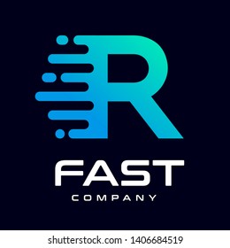 Modern Fast letter R vector logo. This font with speed or moving symbol and blue color. Suitable for motion, sport, delivery business and alphabet.