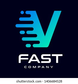Modern Fast letter V vector logo. This font with speed or moving symbol and blue color. Suitable for motion, sport, delivery business and alphabet.