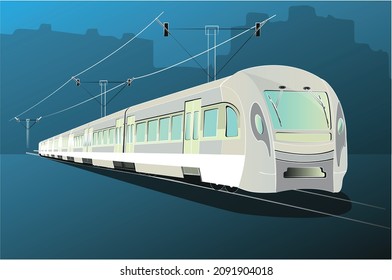 Modern fast speed train, Stock vector design. EPS 10. travel  illustration of electric transport ,background of city, in blue and grey colours,can be used as poster, background, title picture