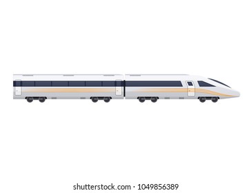 Modern fast train on railway. Railway type of transport, locomotive, with a passenger compartment, cargo wagons and trailers. Classic train. Vector illustration isolated.