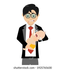 Modern father with crying baby. Businessman