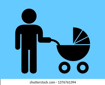 Modern Father - Man On Parental Leave - Male Is Nursing And Taking Care About Child, Kid And Infant In Baby Carriage. Vector Illustration