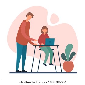 Modern father standing near table and helping daughter to do homework project on contemporary laptop during family education program at home. Home schooling, home education concept