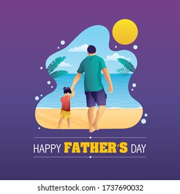Modern Father's Day greeting card with a vector illustration of a father and his daughter walking on a beautiful beach.