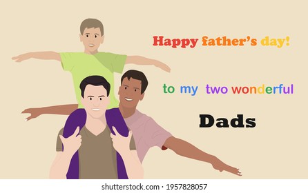 Modern Fathers With Son On Shoulders,  Gay Couple.
 Happy Father's Day For The Homosexual Community. Interracial Family. 