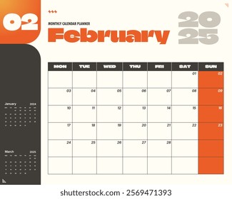 Modern February 2025 calendar planner template.  Ideal for scheduling and organization.