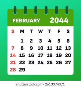 Modern February 2044 calendar template. Flat vector, clean month view design