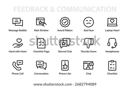 Modern feedback and communication line icons with chat bubbles, phone calls, ratings, checklists, emotions, and award ribbon vector designs