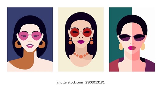 Moderna mujer de cultura étnica diferente moda retrato de arte pop minimo afiche contemporáneo conjunto vector ilustración plana. Moda La hermandad de las mujeres asiáticas japonesas en Europa apoya el feminismo