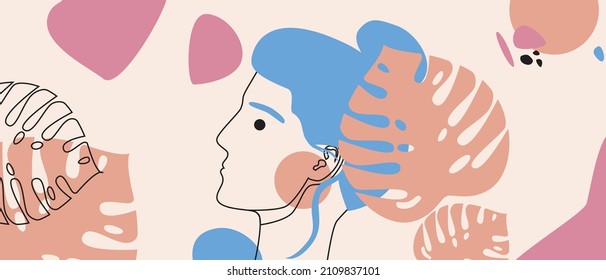Modern female face with abstract shapes and exotic leaves. Vector stock illustration. The concept of minimalism. The outline drawing style. Geometric woman head silhouette