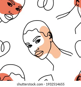 Modern female face silhouettes. Seamless pattern of drawn fashionable girls. Continuous line, minimalistic concept. Vector illustration.